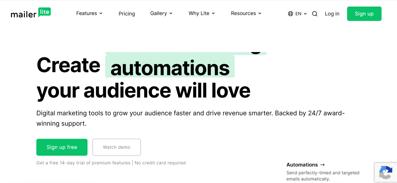 Homepage of mailerlite