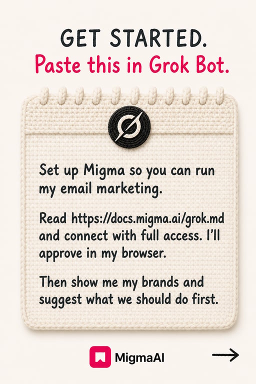 Página de cuaderno de punto con el logotipo de Grok Bot e instrucciones para el prompt de configuración