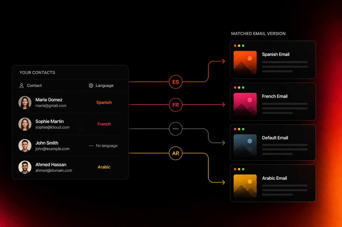 Language-based email routing dashboard showing contacts assigned to Spanish, French, Arabic, or default email versions, with visual flows matching each recipient to the correct localized email template