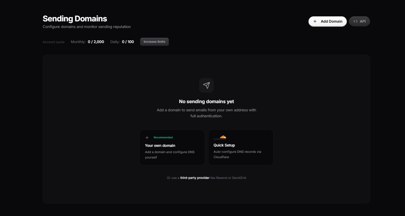 Migma AI sending domain setup dashboard for email authentication and delivery