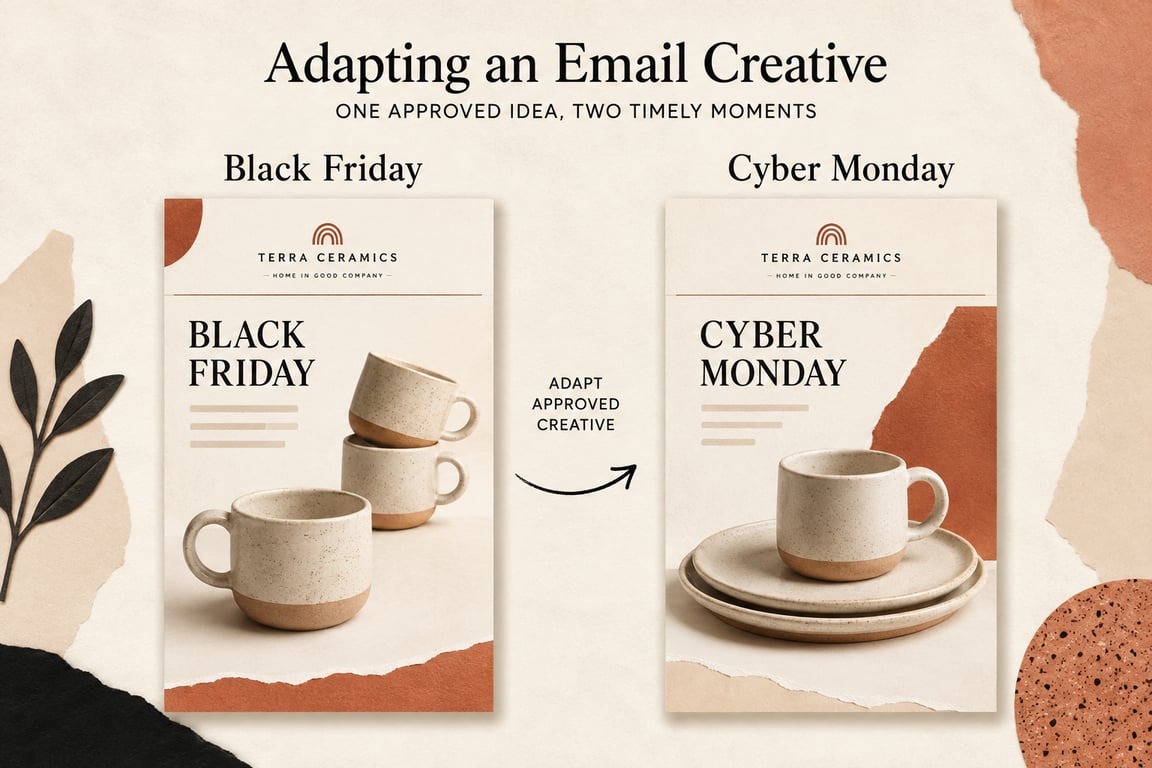 Diseño de correo electrónico de cerámica ficticio adaptado de tazas de Black Friday a un lote de taza y plato de Cyber Monday