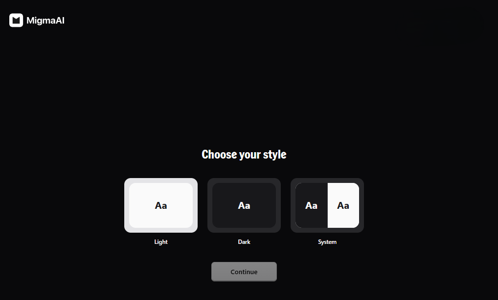Migma AI style selection screen with light, dark, and system themes.