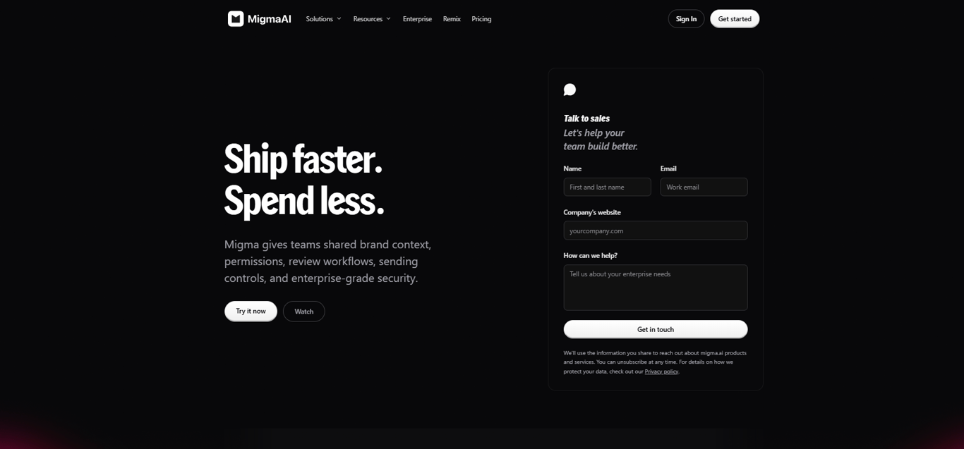 Migma AI key features screenshot showing brand DNA import, email preflight, and one-prompt campaign generation