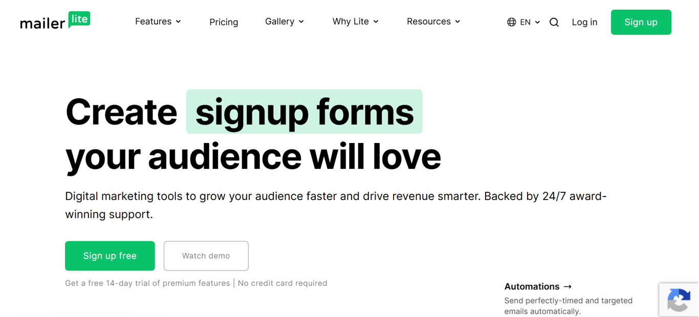 Homepage of Mailerlite