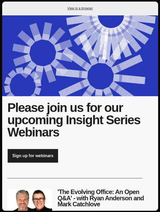 A webinar invitation email template listing the topic, speaker, date, and time, with a CTA to register and a secondary line addressing the replay option. 