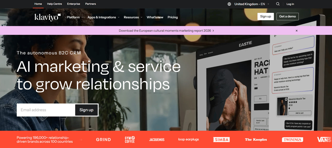 Homepage of Klaviyo SS