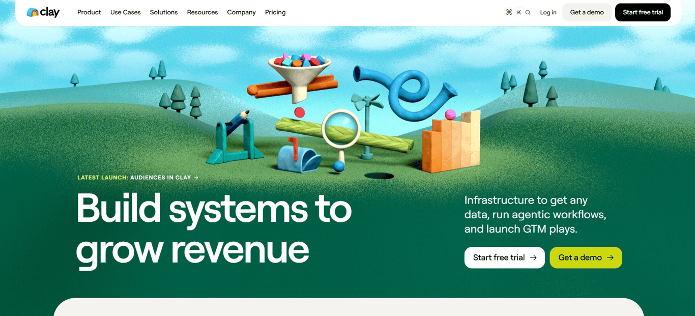 Clay homepage showing a 3D illustrated landscape with the headline "Build systems to grow revenue"