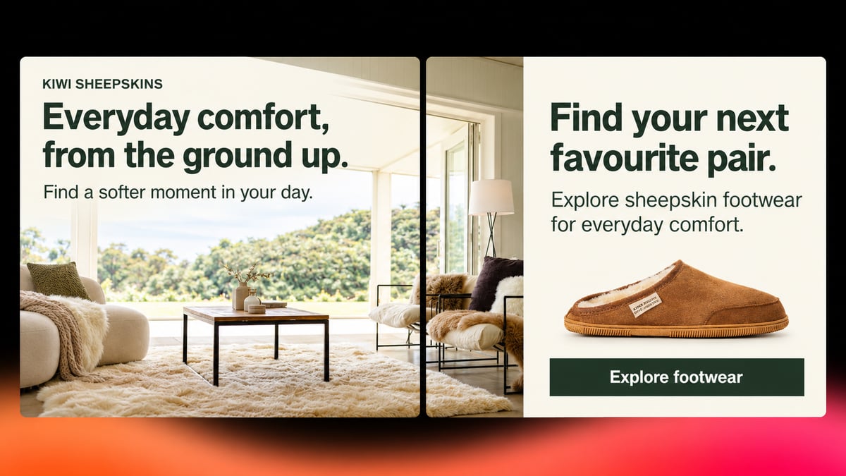 Illustrative Kiwi Sheepskins email connecting an everyday comfort story to a footwear product and call to action.