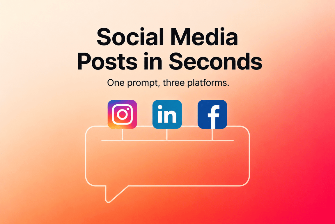 Minimalist illustration on soft off-white background (#f5f5f0): three social media platform icons arranged horizontally—Instagram square icon (left), LinkedIn square icon (center), Facebook landscape icon (right)—all rendered in brand coral (#c15f3d) with subtle grey wireframe skeleton UI boxes beneath each icon suggesting content placeholders; clean geometric design with generous whitespace