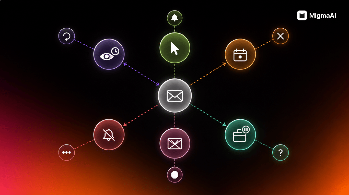 MigmaAI diagram showing email engagement signals radiating from a central email node: click, open/watch, calendar event, subscription pause, unsubscribe, and bounce