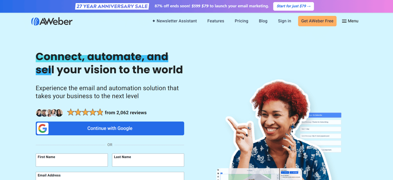 AWeber email marketing dashboard screenshot showing newsletter and autoresponder tools