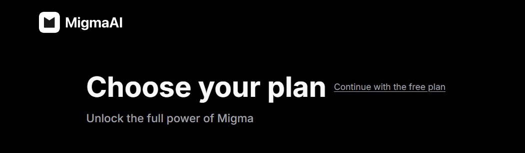 Migma AI pricing page showing plan selection options.