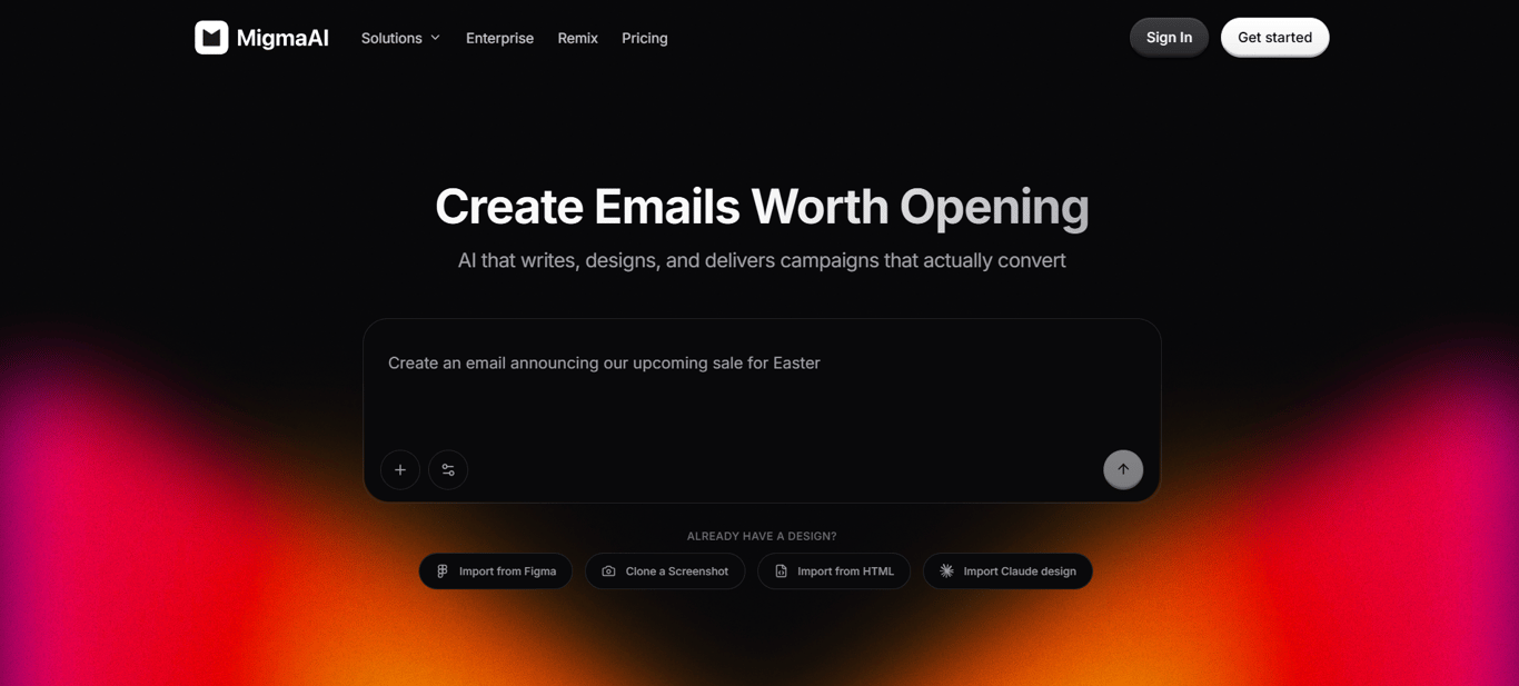 Migma AI email creation dashboard with AI-powered campaign generation.