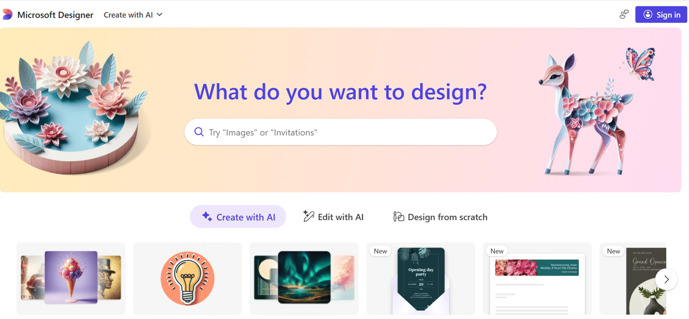 Homepage of Microsoft Designer