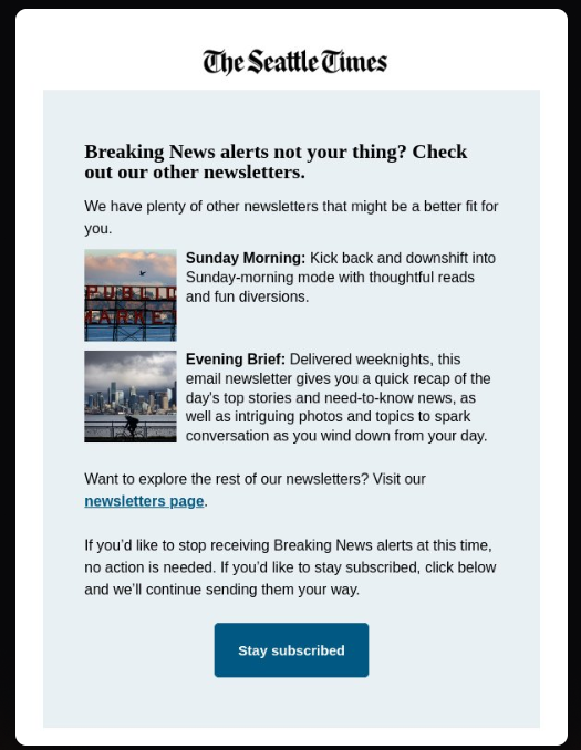 A newsletter email template with a consistent header, a short editorial intro, three curated content sections, and one primary CTA per issue. 