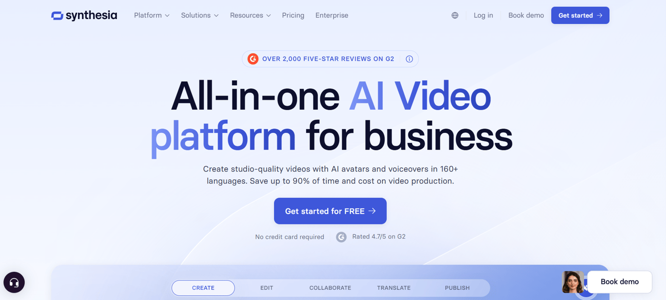 Synthesia homepage showing the headline "All-in-one AI Video platform for business