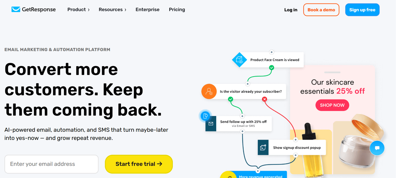 Homepage of GetResponse