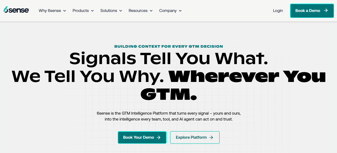 6sense homepage showing the headline "Signals Tell You What. We Tell You Why