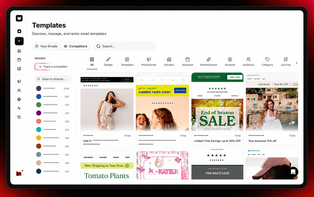 Competitor email template gallery displaying a searchable library of marketing emails from tracked brands, organized by category with filters for design, promotions, seasonal campaigns, audience, and industry.