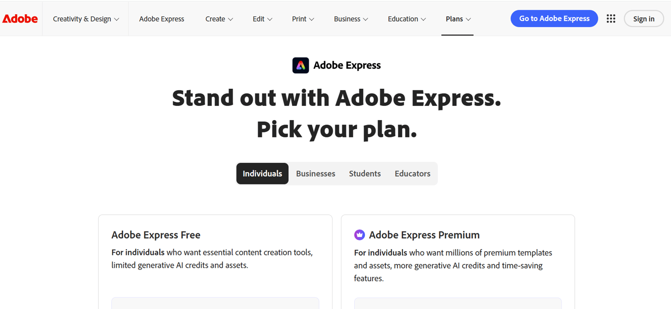 Homepage of Adobe Express
