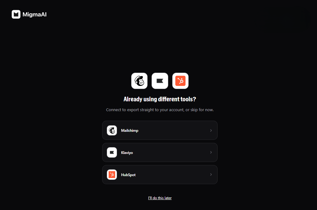 Migma AI integrations with Mailchimp, Klaviyo, and HubSpot.