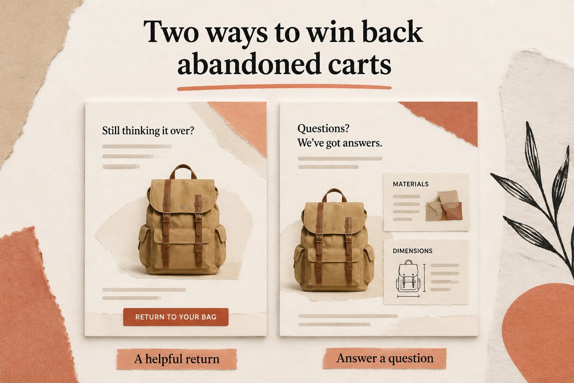 Two cart-recovery email concepts: return to a backpack or answer materials and sizing questions