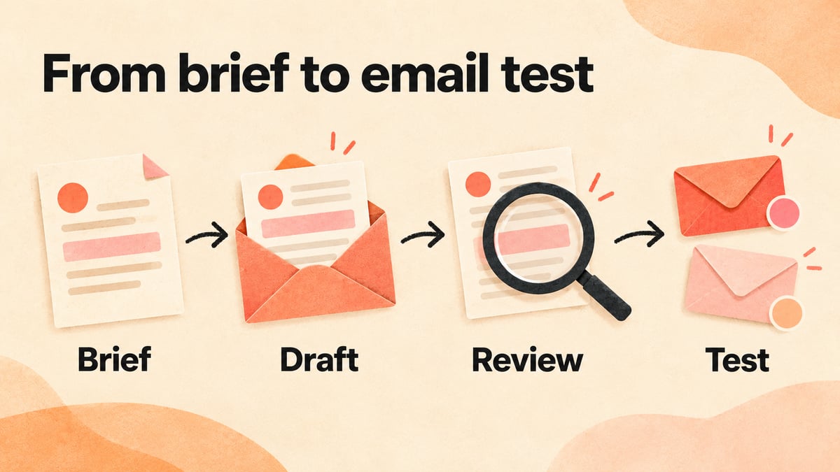 Illustration of an email workflow with four stages: Brief, Draft, Review, and Test.