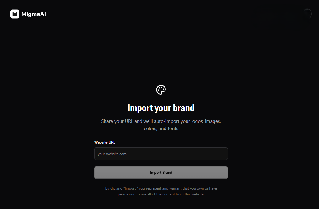Migma AI brand import tool for logos, colours, fonts, and assets.