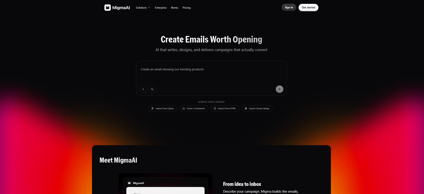 Migma AI's email campaign dashboard showing OpenClaw agent workflow and campaign performance metrics 