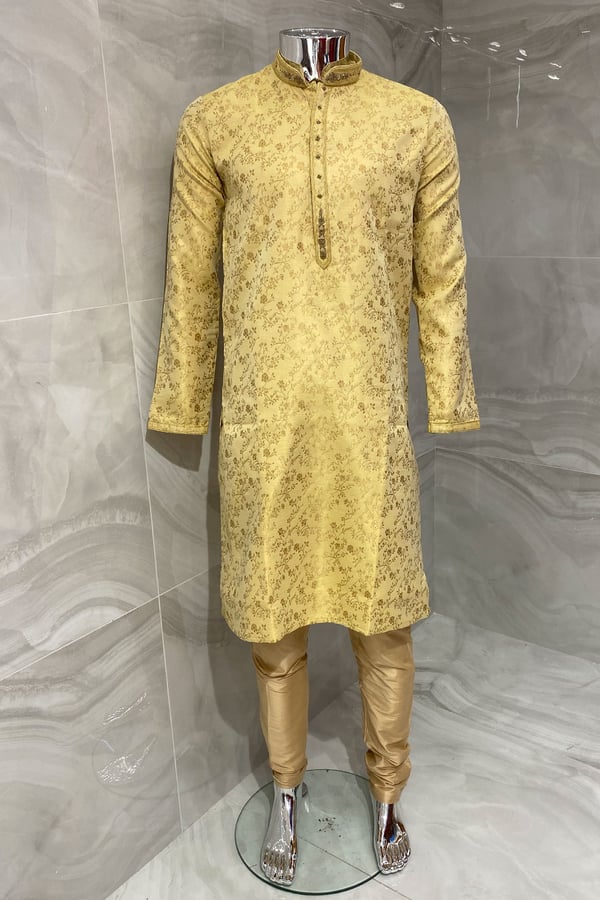 Men's 2 piece brocade printed kurta pyjama - Gold, 36