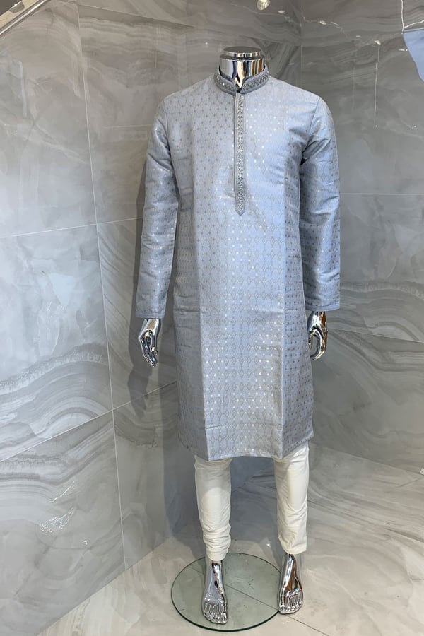 Men's 2 piece brocade kurta pyjama - Grey, 36