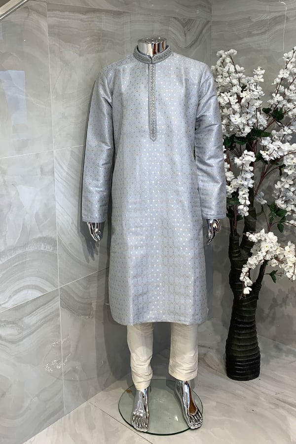 Men's 2 piece brocade kurta pyjama - LGREY, 36