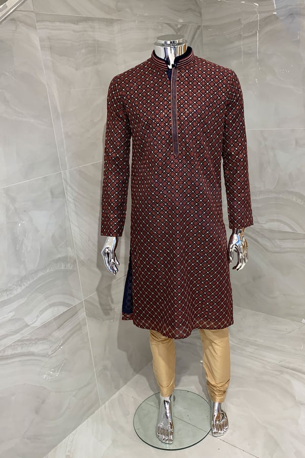 Chicken men's embroidered kurta - Navy, 36