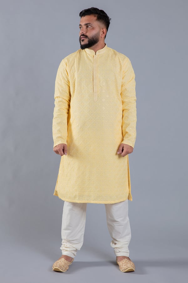 2 Piece men's embroidered kurta pyjama - Yellow, 36