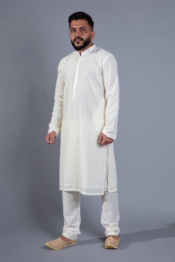2 Piece men's thread work embroidered suit - OWHITE, 36