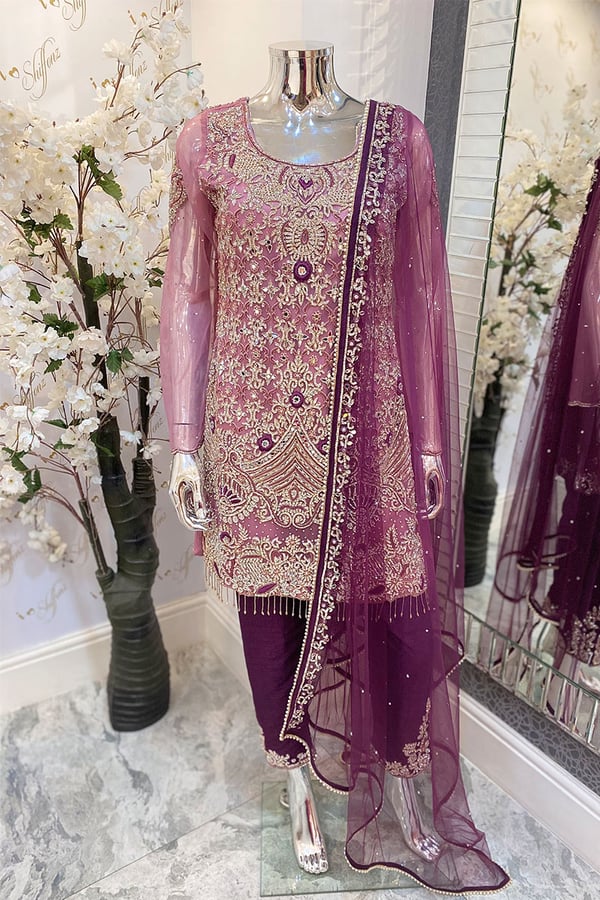 Shiffonz 3 piece heavy embroidered suit - Dusty Pink, 6