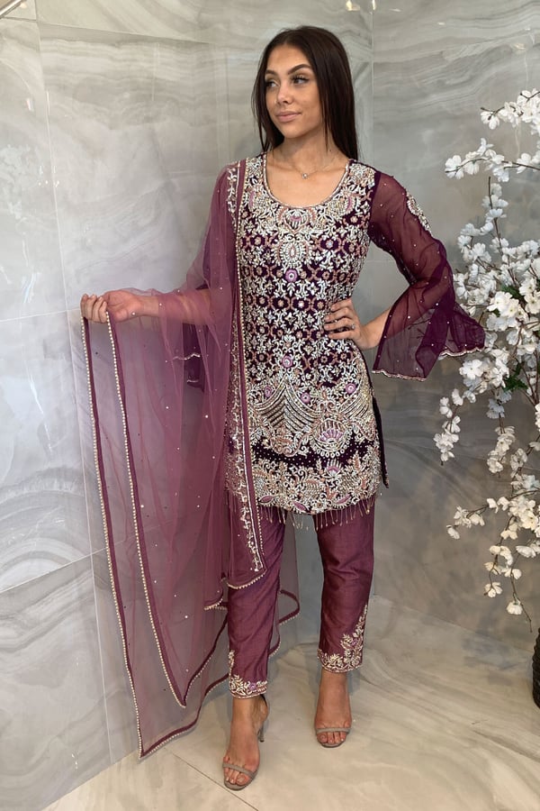Shiffonz 3 piece heavy embroidered suit - Plum, 6