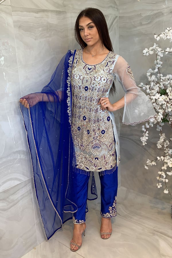 Shiffonz 3 piece heavy embroidered suit - Sky Blue, 6