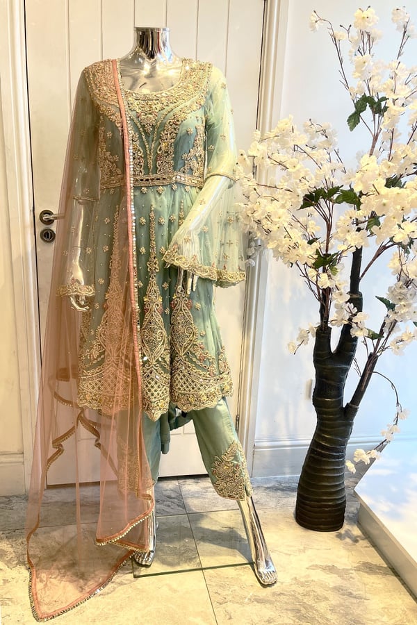 3 Piece heavy embroidered peplum dress - AQUA B, 6