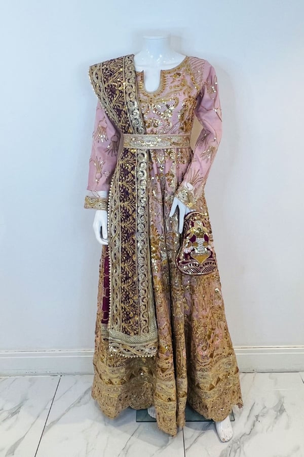 3 Piece sequence embroidered long organza gown - Pink, Small