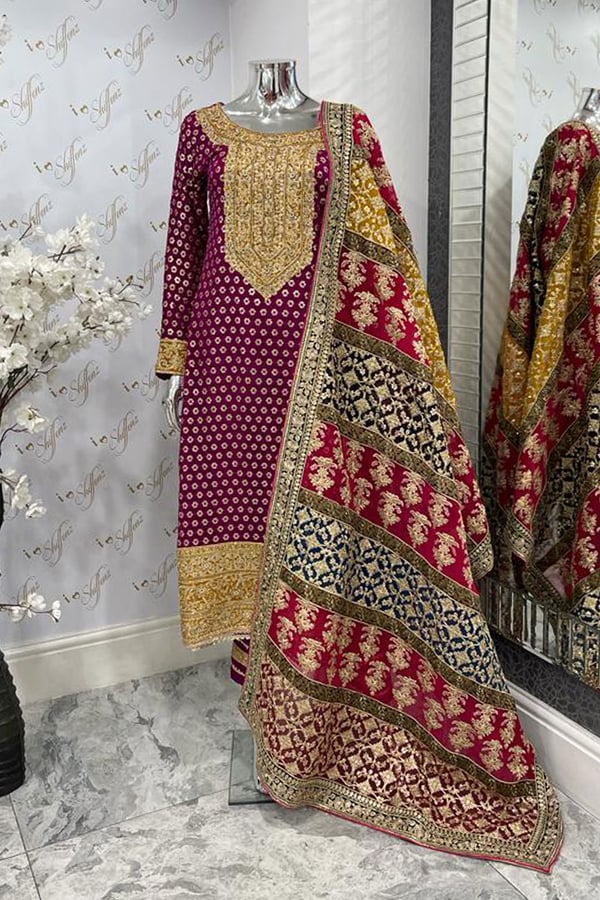 3 Piece mehndi sequence and dori embroidered suit with heavy dupatta - Image 8