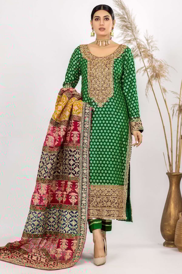3 Piece mehndi sequence and dori embroidered suit with heavy dupatta - Image 7