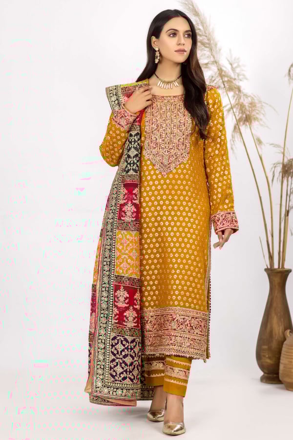 3 Piece mehndi sequence and dori embroidered suit with heavy dupatta - Image 5