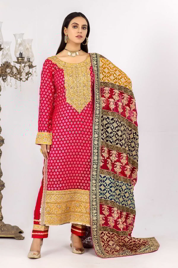 3 Piece mehndi sequence and dori embroidered suit with heavy dupatta