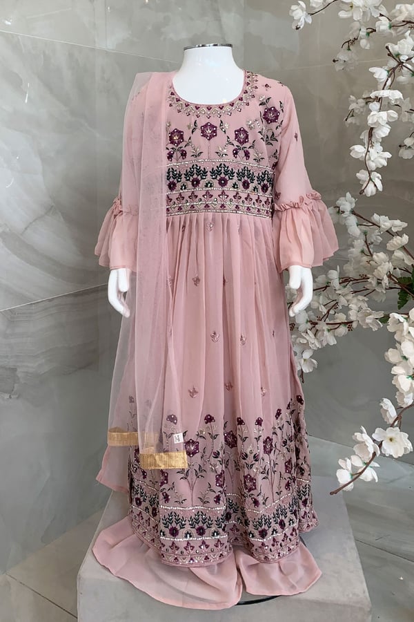 3 Piece kids chiffon sharara suit - Pink, 22