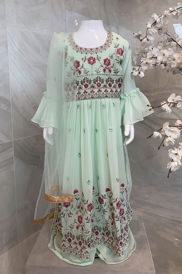 3 Piece kids chiffon sharara suit - Sea Green, 22