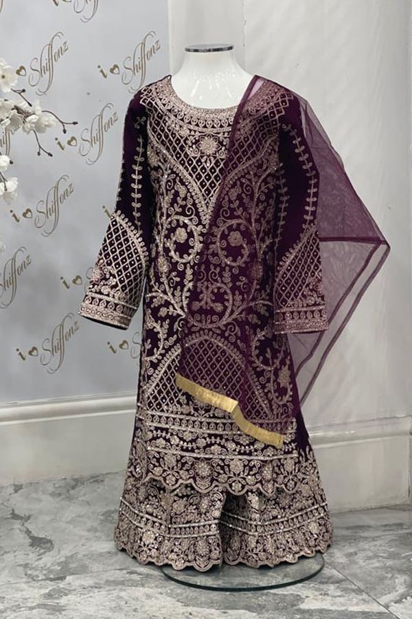 Kids heavy embellished partywear dress - Plum, 22