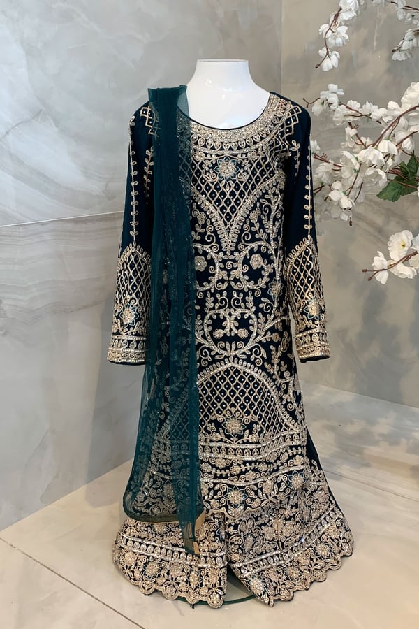 Kids heavy embellished partywear dress - Dark Green, 22