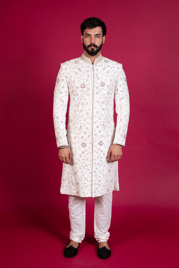 Men's luxury embroidered sherwani suit - OWHITE, 36