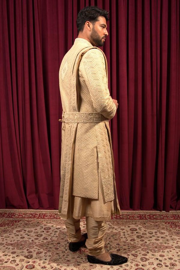 Men's sherwani with inner dupatta trouser and belt - Image 3